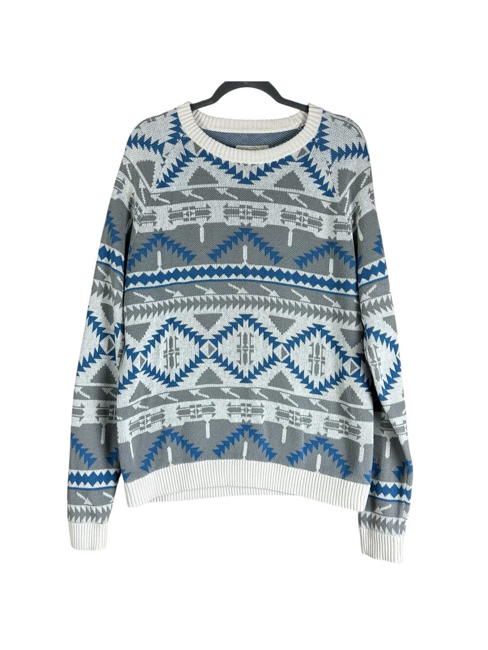 Mossimo Sweater Men Sz L Cream Blue Gray Geo Tribal Knit Grandpa Cotton Pullover